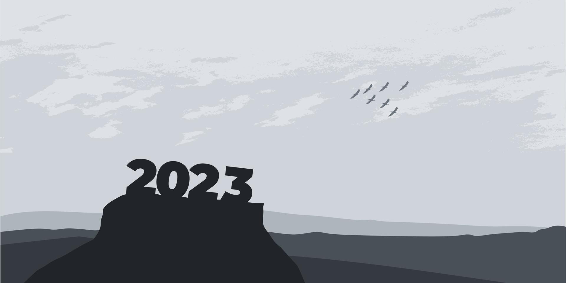 gelukkig nieuw jaar 2023 met groot silhouet brieven Aan de berg met een mooi zonsondergang voor succes concept. nieuw jaar concept vector