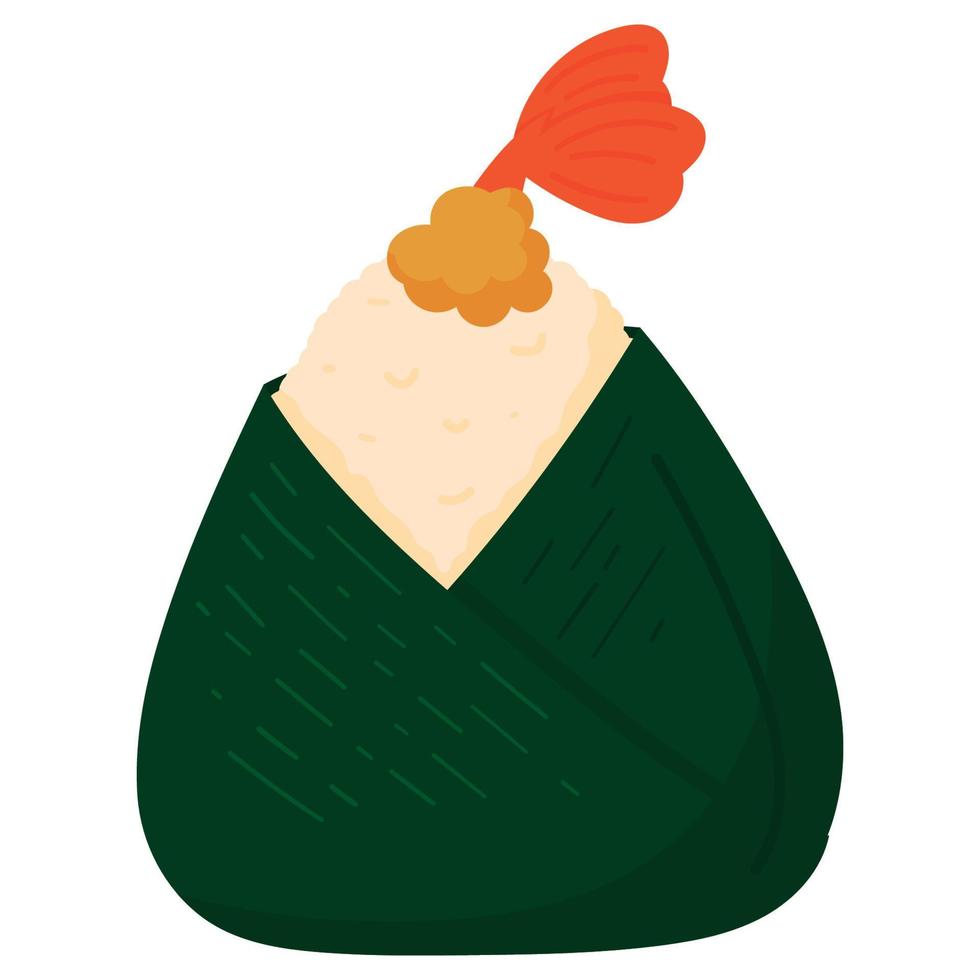 tenmusu onigiri. Japans snel voedsel gemaakt van rijst- gevulde met tempura garnaal, gevormd in de het formulier van een driehoek in noch ik zeewier vector