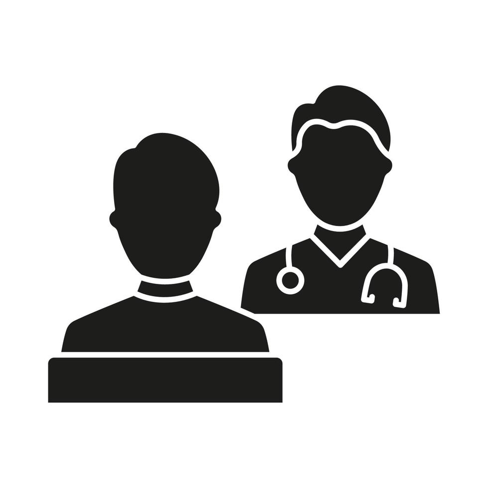 overleg van geduldig en dokter met stethoscoop silhouet icoon. ziekenhuis arts begeleiding geduldig glyph zwart pictogram. Gezondheid zorg dialoog schets icoon. geïsoleerd vector illustratie.