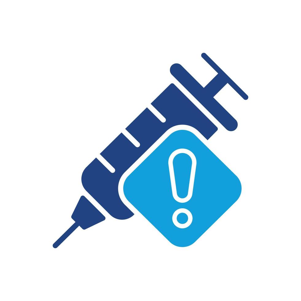 vaccin waarschuwing silhouet icoon. vaccinatie injectiespuit met alarm teken. voorzorgsmaatregelen over medicijn, dope, verdovend injectiespuit kleur icoon. geïsoleerd vector illustratie.