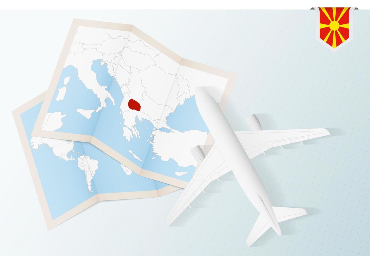 reizen naar Macedonië, top visie vliegtuig met kaart en vlag van Macedonië. vector