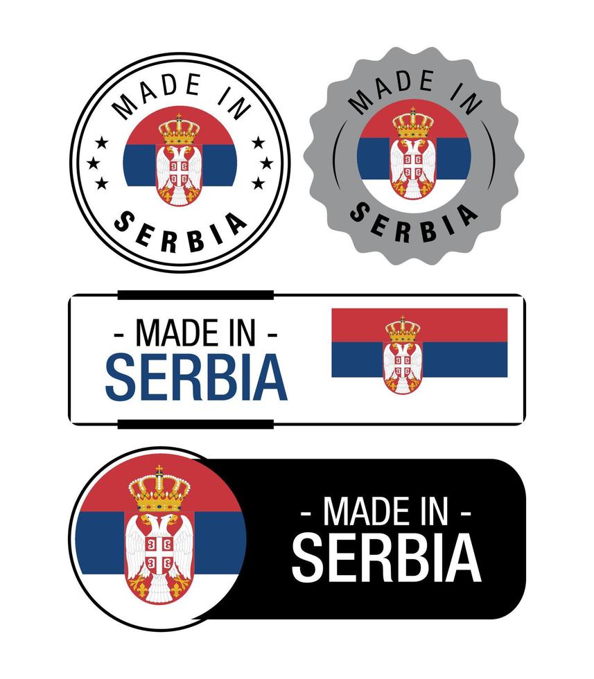 reeks van gemaakt in Servië etiketten, logo, Servië vlag, Servië Product embleem vector