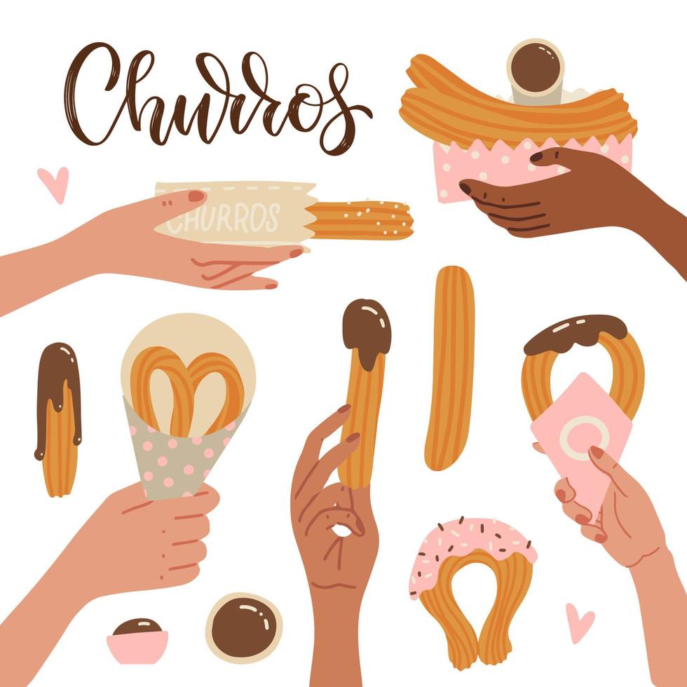 handen Holding verschillend churro's. traditioneel Spaans en Portugees nagerecht. een vrouwtjes hand- Holding een gebakje zoet tussendoortje en dompelen het in een chocola saus. vlak vector illustratie.