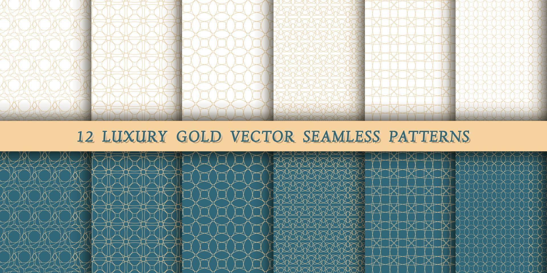 een reeks van 12 luxueus meetkundig goud patronen voor het drukken en ontwerp, gouden lijnen Aan een wit en groente, smaragd achtergrond. modern en elegant patronen vector
