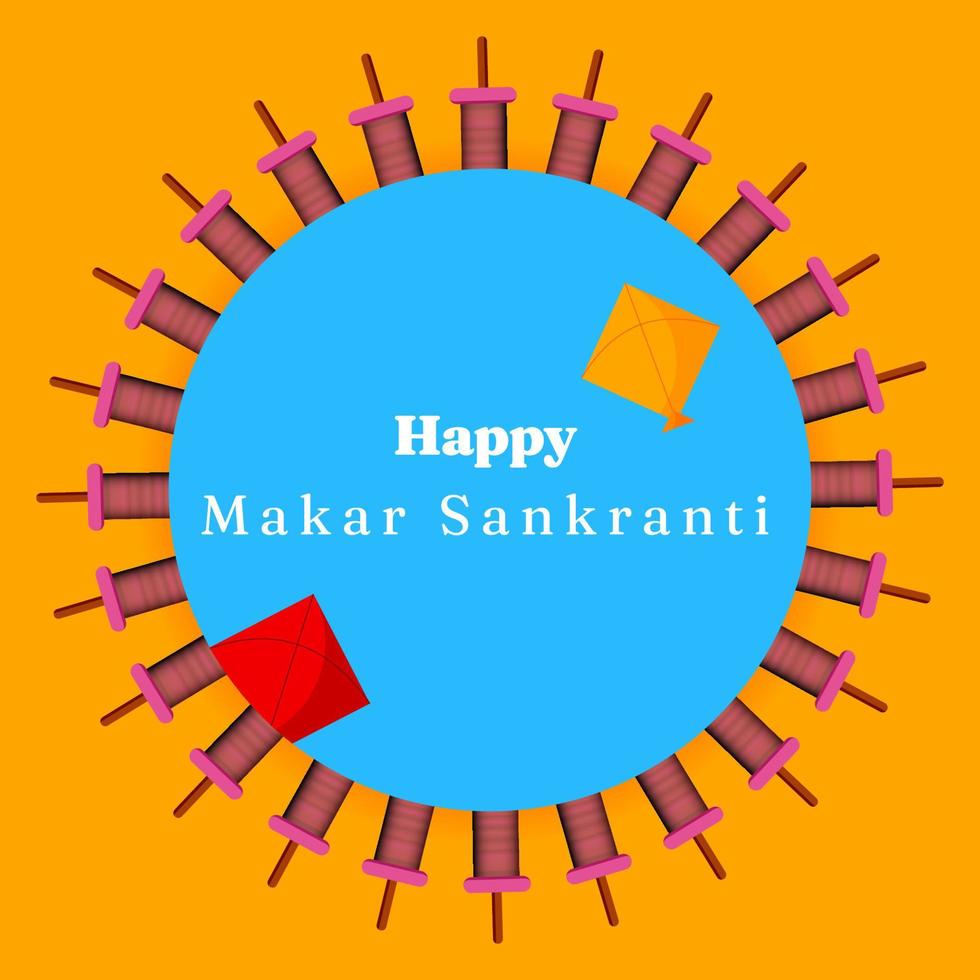 gelukkig makar sankranti banier gemaakt met kleurrijk vlieger en charkhi voorwerpen vector