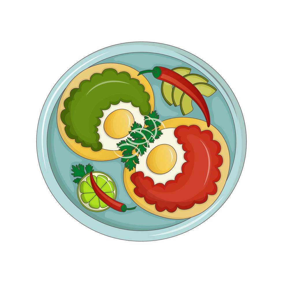 Mexicaans ontbijt - eieren huevos gescheiden Aan maïs tortilla's met twee sauzen roja en verde en Chili paprika's. vector illustratie. tekenfilm. Latijns Amerikaans keuken.