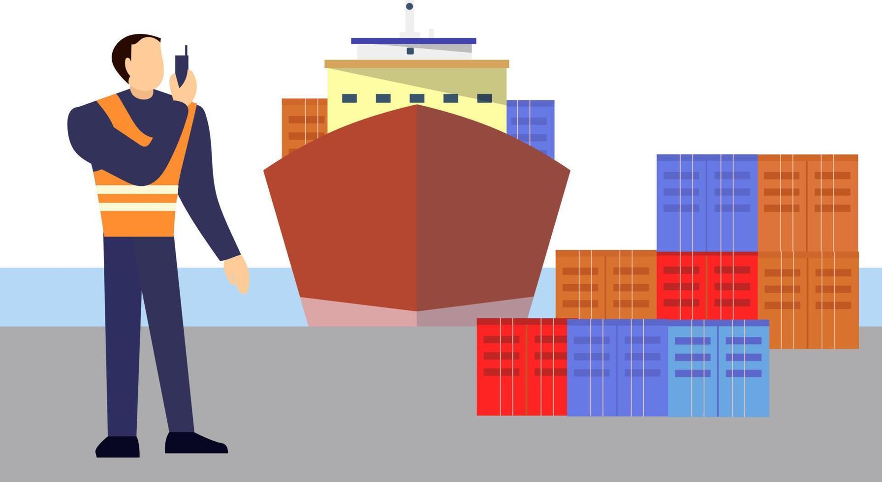 haven dok arbeider controle bezig met laden containers doos naar vrachtauto voor logistiek import-export,moor de bende Bij de haven naar de vertrek schip vector illustratie