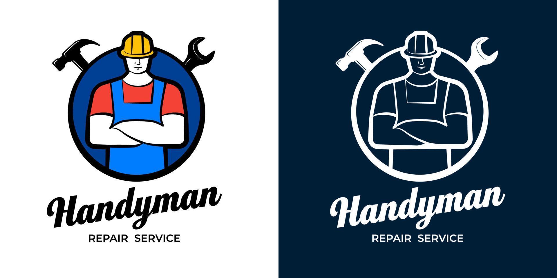 klusjesman reparatie onderhoud logo set. arbeider met hamer en moersleutel logo. gebouw bedrijf merk identiteit symbool. bouw en onderhoud industrie insigne ontwerp. monteur werkplaats vector insigne