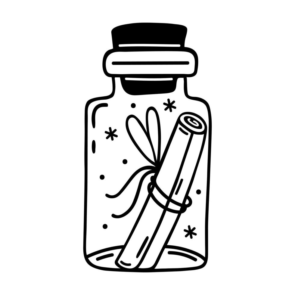 pot met bericht. gemakkelijk vector icoon. hand- getrokken tekening geïsoleerd Aan wit. glas fles met kurk. een papier rol binnen een transparant container. tekenfilm clip art voor logo, affiches, kaarten, prints