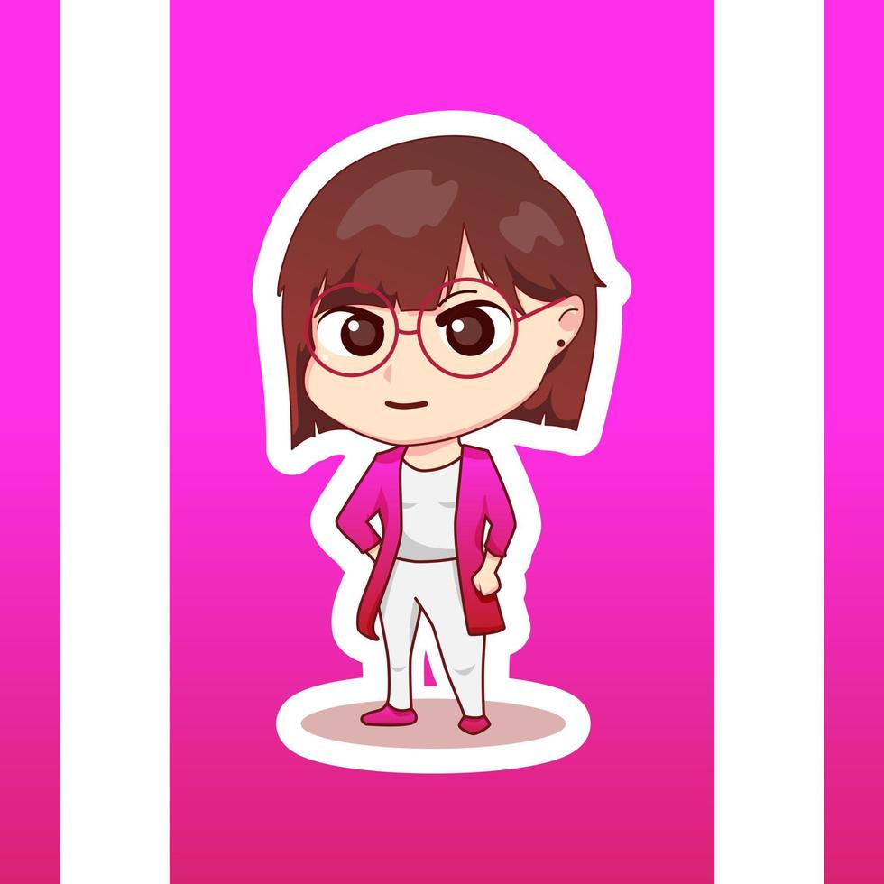 schattig illustratie chibi anime tekenfilm meisje staand gelukkig gezicht web sticker icoon mascotte logo emote vector