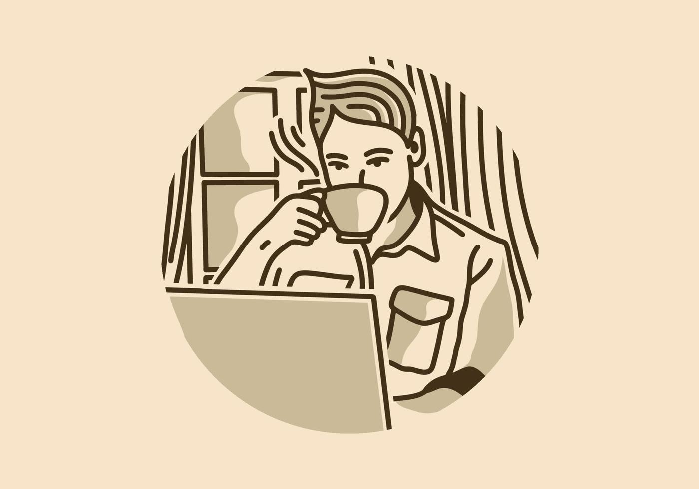 wijnoogst illustratie ontwerp van Mens drinken koffie in voorkant van laptop vector