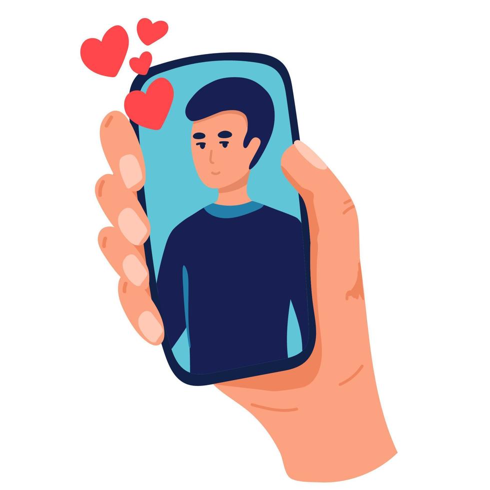 video telefoontje met geliefde een. vrouw hand- Holding smartphone. vriendje Aan scherm. lang afstand verhouding concept. vlak tekenfilm vector illustratie. glimlachen Mens , bril met aktentas maken belt,