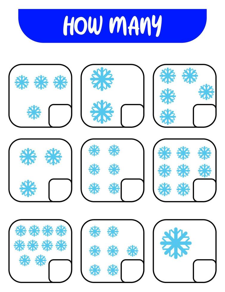 tellen hoe veel sneeuwvlokken. schrijven naar beneden de antwoorden. leerzaam spellen voor kinderen vector