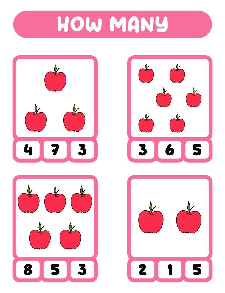 tellen hoe veel appels. schrijven naar beneden de antwoorden. leerzaam spellen voor kinderen vector
