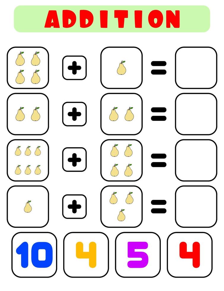 toevoeging van een Peer . een taak voor kinderen. leerzaam ontwikkeling vel. kleur werkzaamheid bladzijde. een spel voor kinderen. grappig karakter. tekenfilm stijl vector