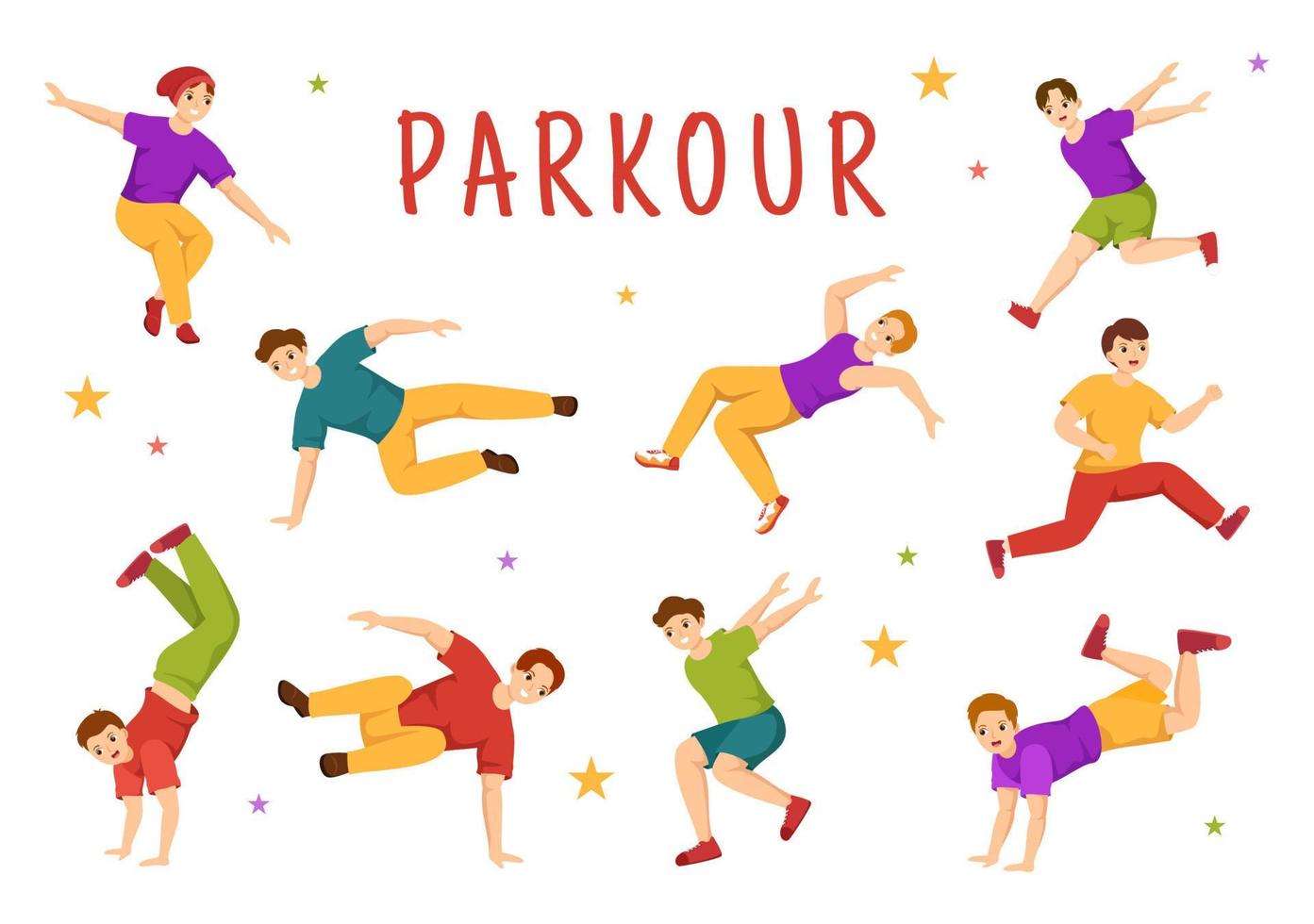 parkour sport- met jong mannen jumping over- muren en belemmeringen in stad straten en gebouwen in vlak tekenfilm hand- getrokken sjabloon illustratie vector