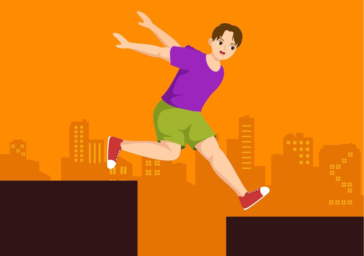 parkour sport- met jong mannen jumping over- muren en belemmeringen in stad straten en gebouwen in vlak tekenfilm hand- getrokken sjabloon illustratie vector
