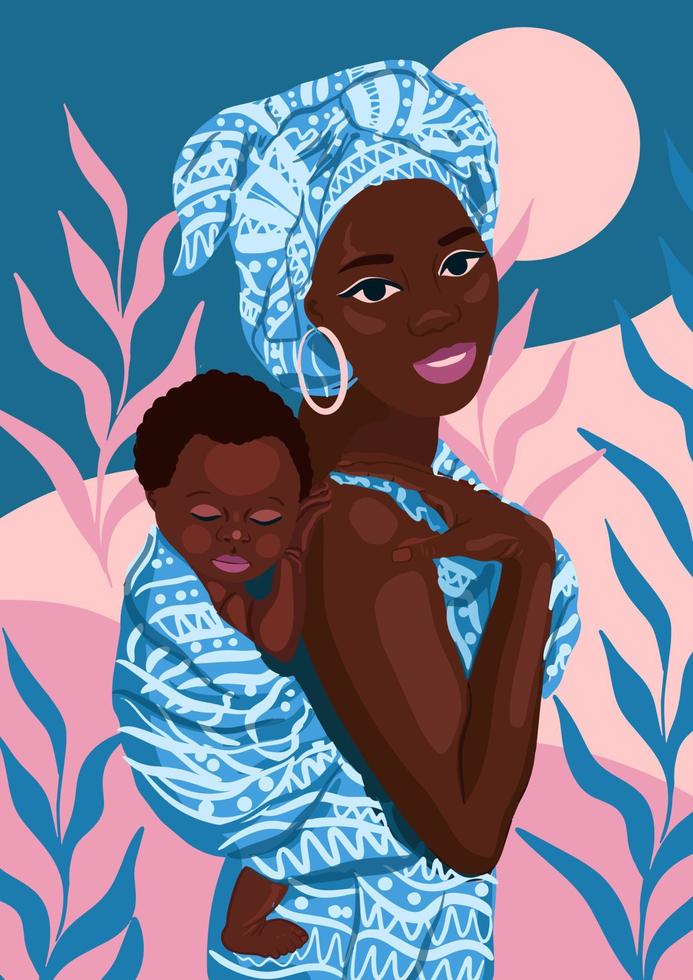 etnisch achtergrond met Afrikaanse vrouw, moeder en kind vector poster
