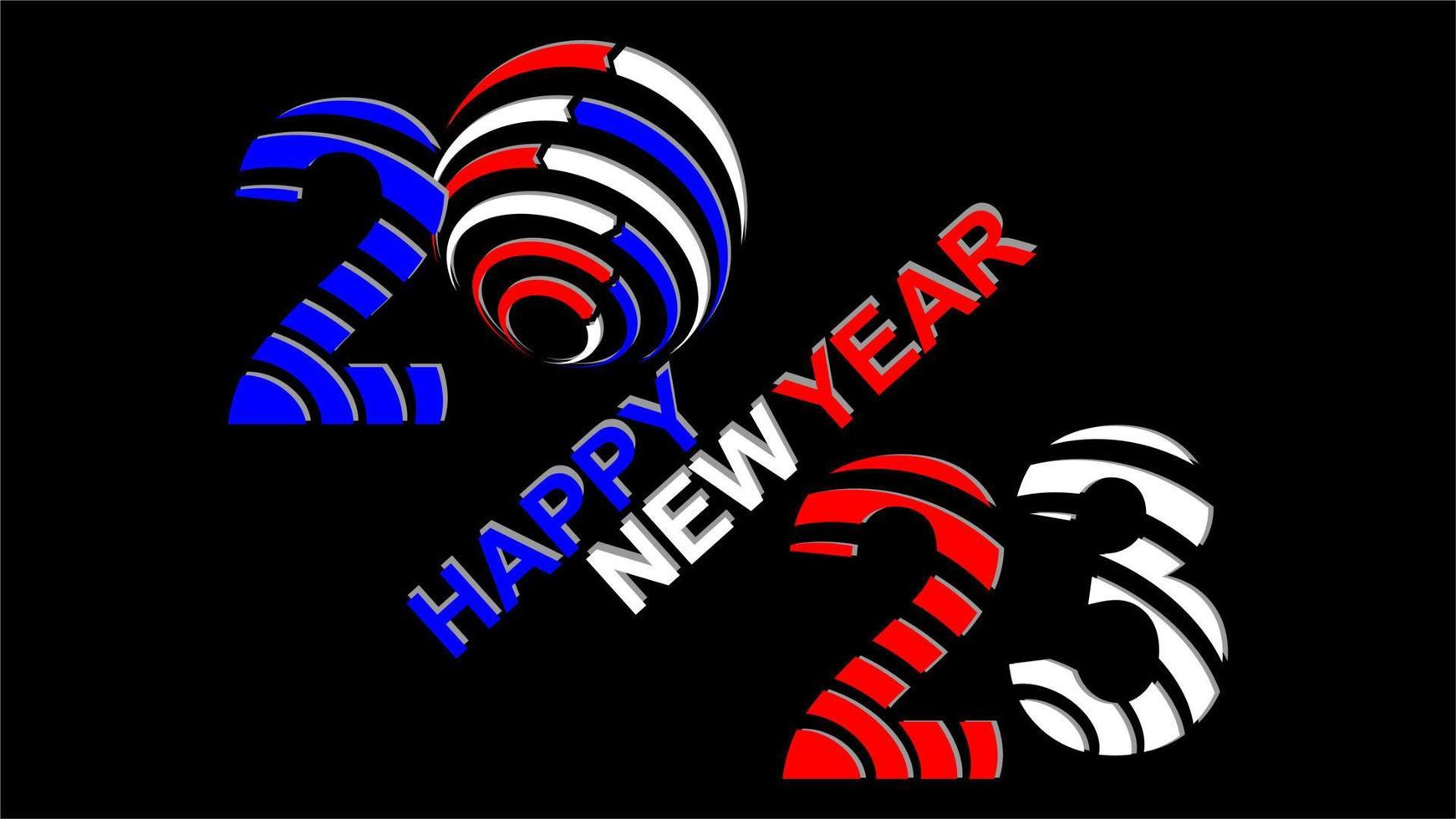 gelukkig nieuw jaar 2023 tekst typografie rood blauw wit met zwart achtergrond vector