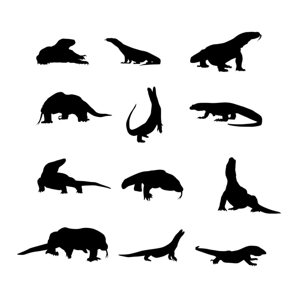 een verzameling van vector silhouetten van komodo draken in divers stijlen