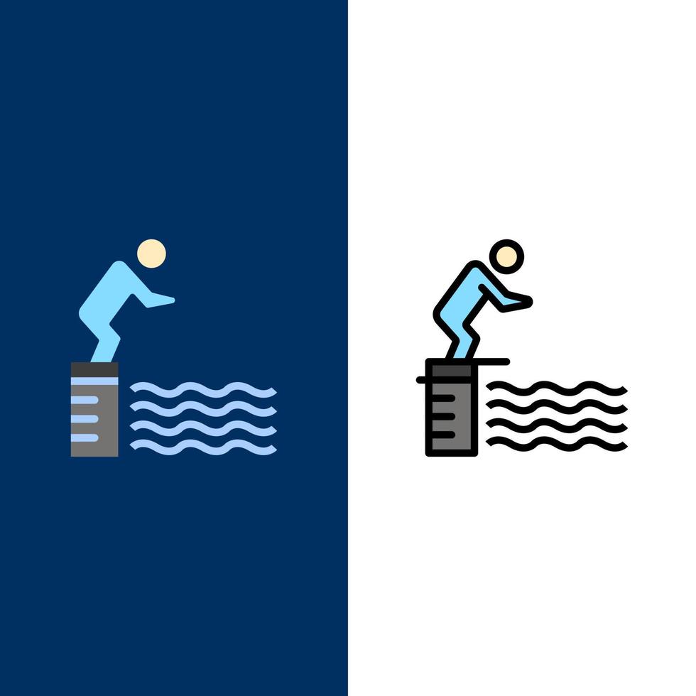 duiken springen platform zwembad sport pictogrammen vlak en lijn gevulde icoon reeks vector blauw achtergrond