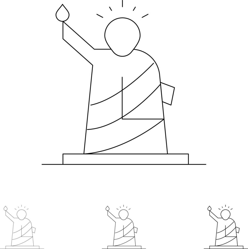 oriëntatiepunten vrijheid van standbeeld Verenigde Staten van Amerika stoutmoedig en dun zwart lijn icoon reeks vector