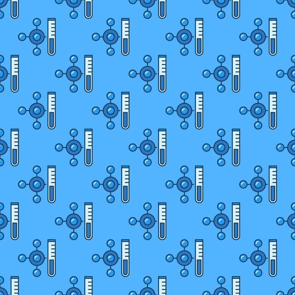 chemie wetenschap blauw naadloos achtergrond. vector patroon met test buis en formule pictogrammen