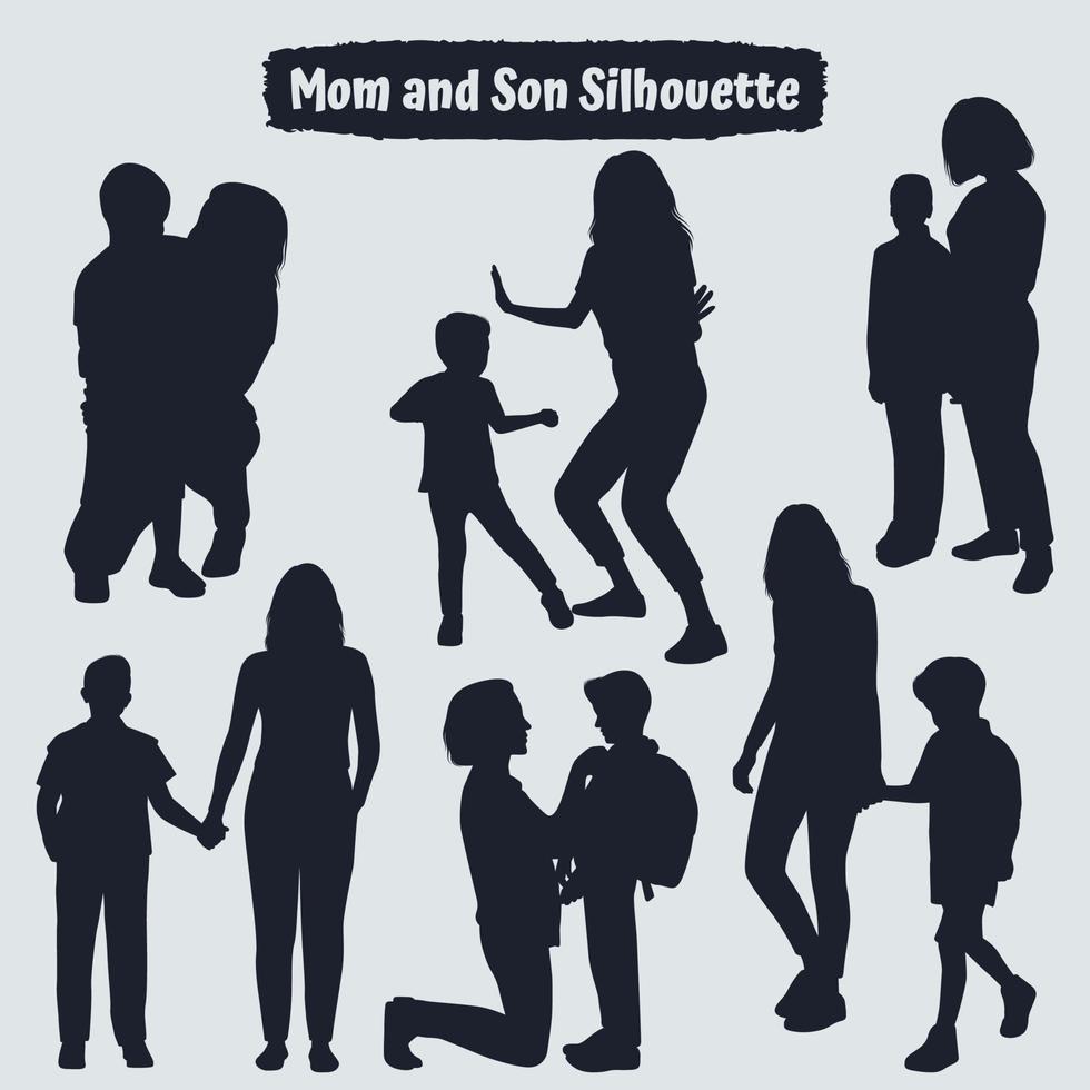 verzameling van moeder en zoon silhouetten in verschillende poses vector