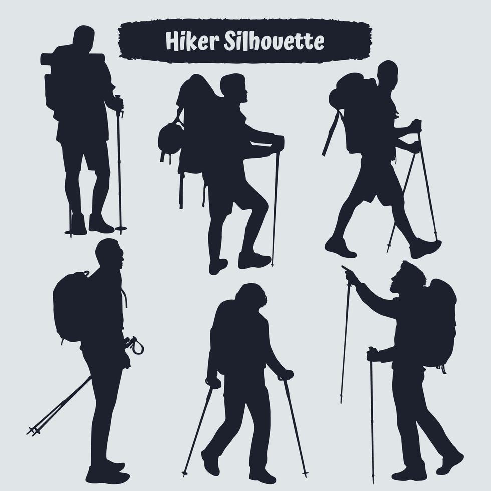 verzameling wandelaar in bergen silhouetten in verschillende poses vector