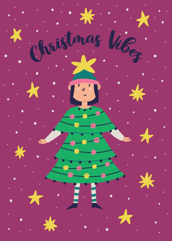 meisje in een lelijk Kerstmis boom jurk groet kaart. vector illustratie