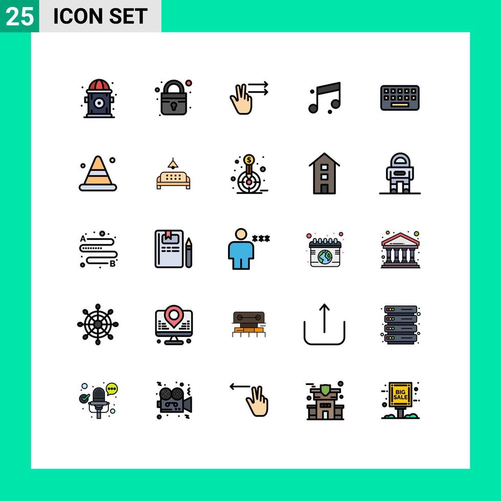 25 universeel gevulde lijn vlak kleuren reeks voor web en mobiel toepassingen ijshoorntje sleutel Rechtsaf bord toetsenbord bewerkbare vector ontwerp elementen