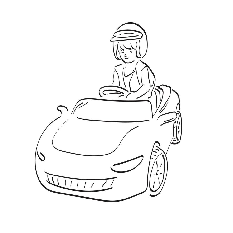 lijn kunst jongen met helm spelen auto speelgoed- illustratie vector hand- getrokken geïsoleerd Aan wit achtergrond