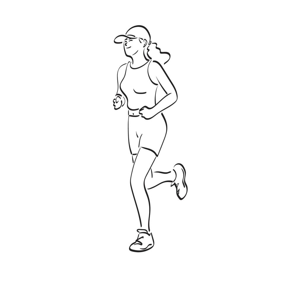 vrouw met pet jogging illustratie vector hand- getrokken geïsoleerd Aan wit achtergrond lijn kunst.