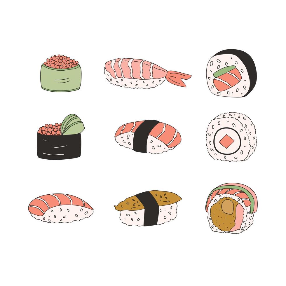 hand- getrokken gekleurde vector reeks van verschillend type van sushi. Japans voedsel