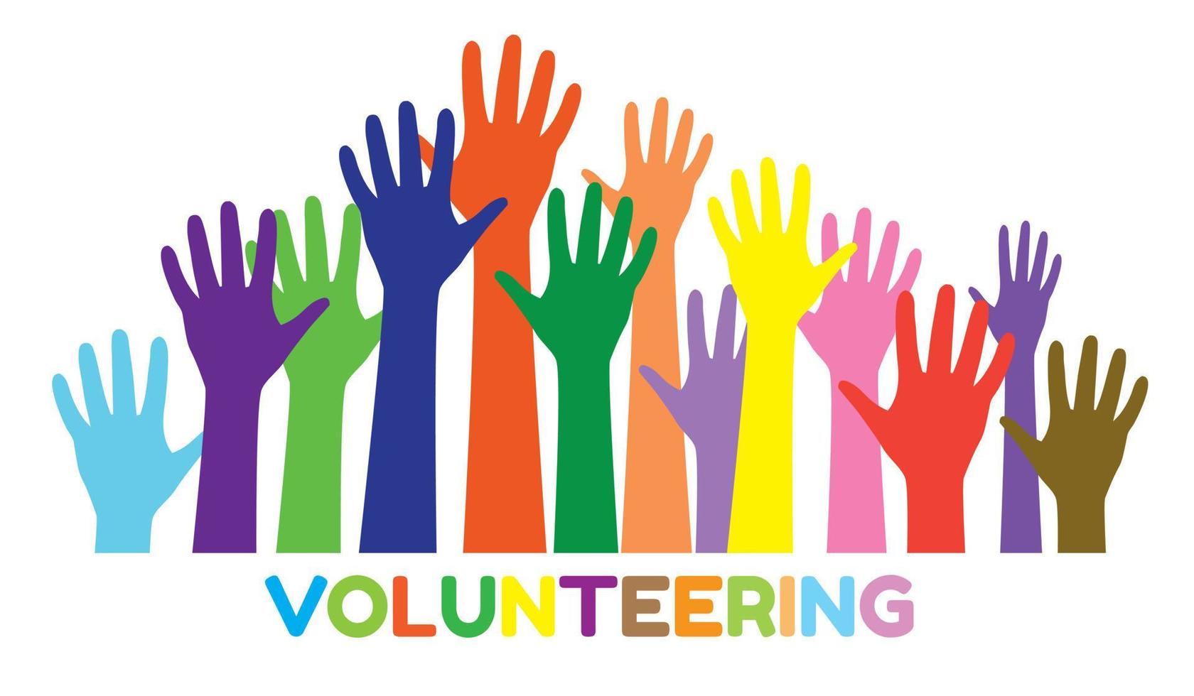 gekleurde vrijwilliger menigte handen. hand- tekening belettering vrijwilligerswerk. verheven hand- silhouetten. vrijwilliger onderwijs poster model, bijdrage en liefdadigheid concept. vector