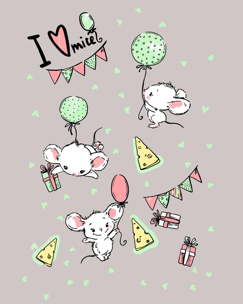 muis en ballonnen, hand- getrokken illustratie voor t-shirt ontwerp vector