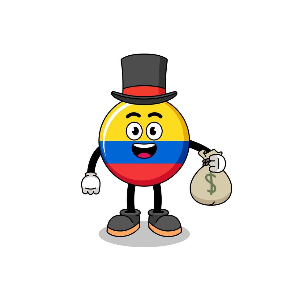 Colombia vlag mascotte illustratie rijk Mens Holding een geld zak vector