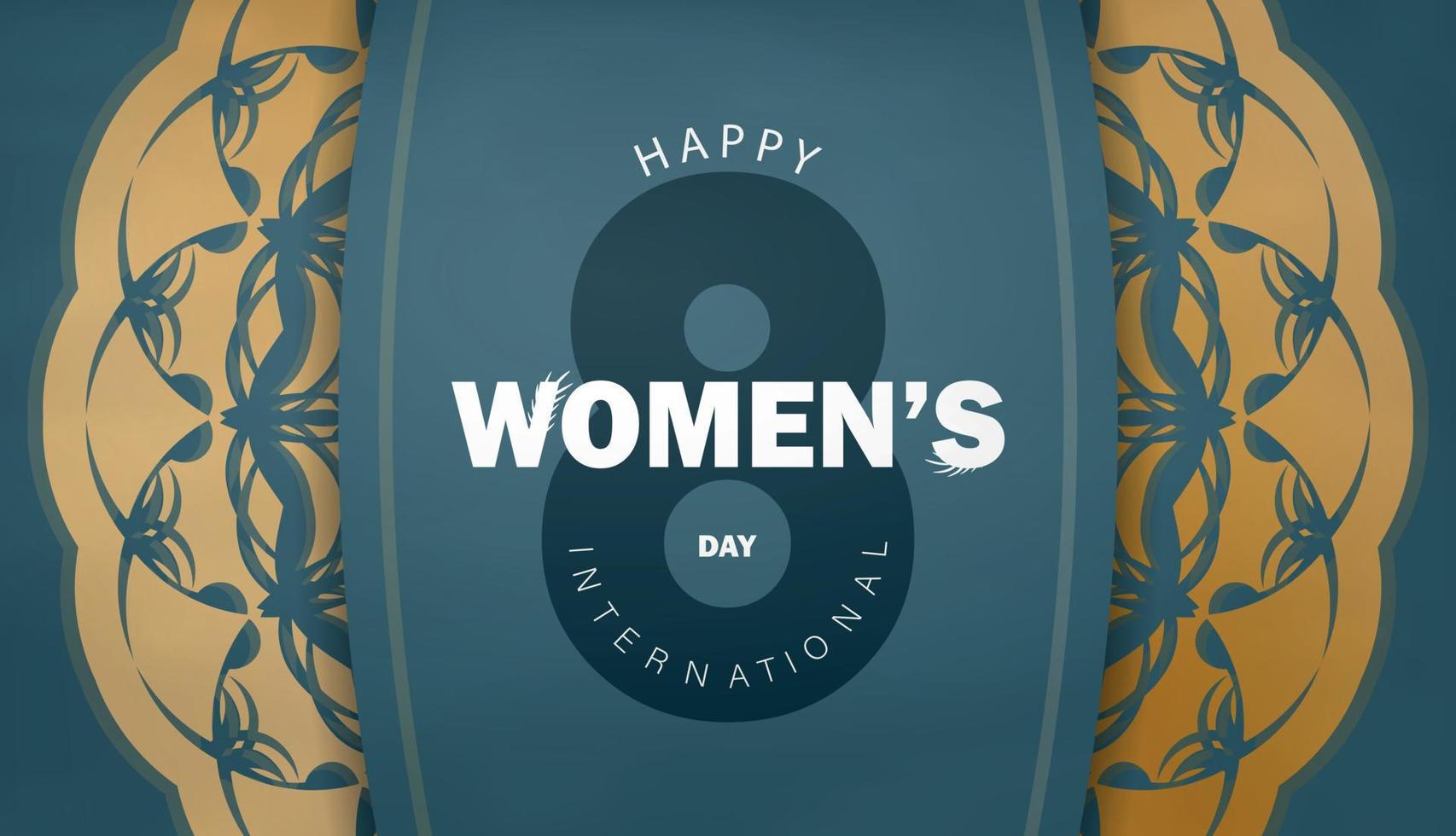 vakantie folder 8 maart Internationale vrouwen dag blauw met wijnoogst goud patroon vector