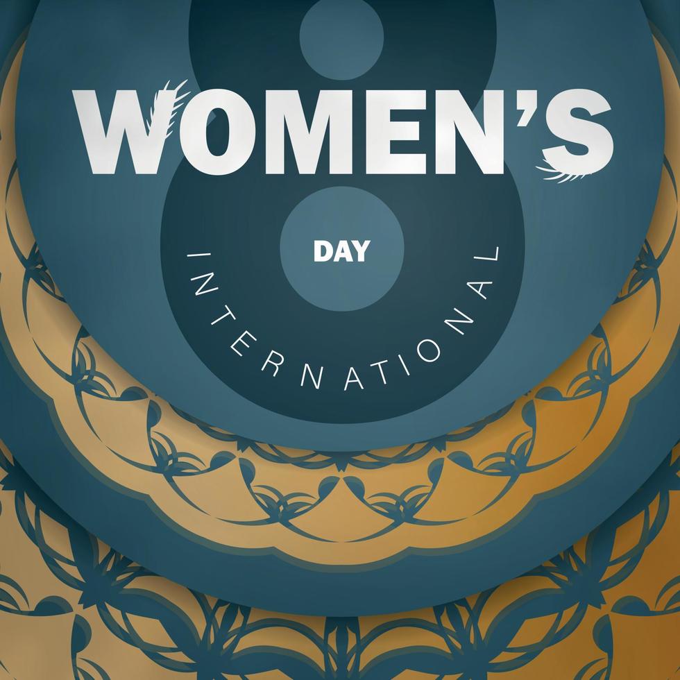 vakantie kaart 8 maart Internationale vrouwen dag in blauw met wijnoogst goud patroon vector
