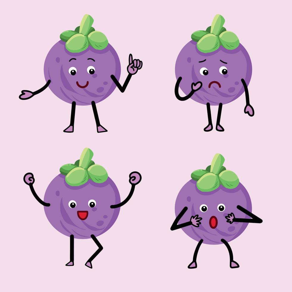 sets verzameling van mangisboom Purper fruit vector karakter mascotte illustratie geïsoleerd Aan duidelijk licht roze achtergrond. tekenfilm vlak kunst gestileerd artwork schattig en kawaii themed tekening.