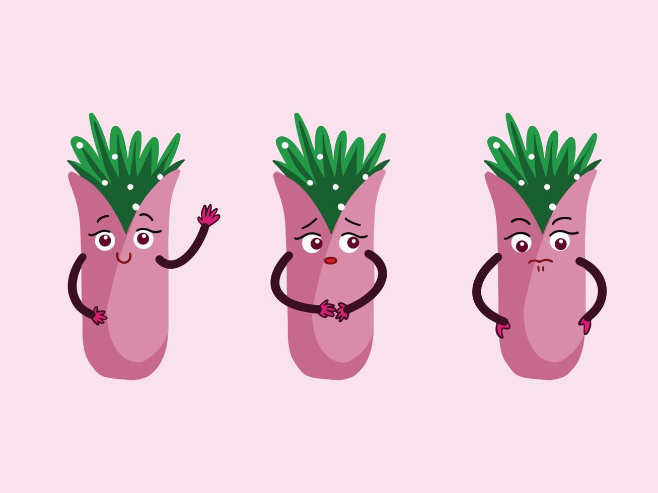 roze bloem vaas met groen bladeren karakter vector illustratie mascotte geïsoleerd Aan duidelijk roze achtergrond. schattig kawaii tekening met tekenfilm grappig kunst stijl. gemakkelijk en vlak artwork reeks verzameling.