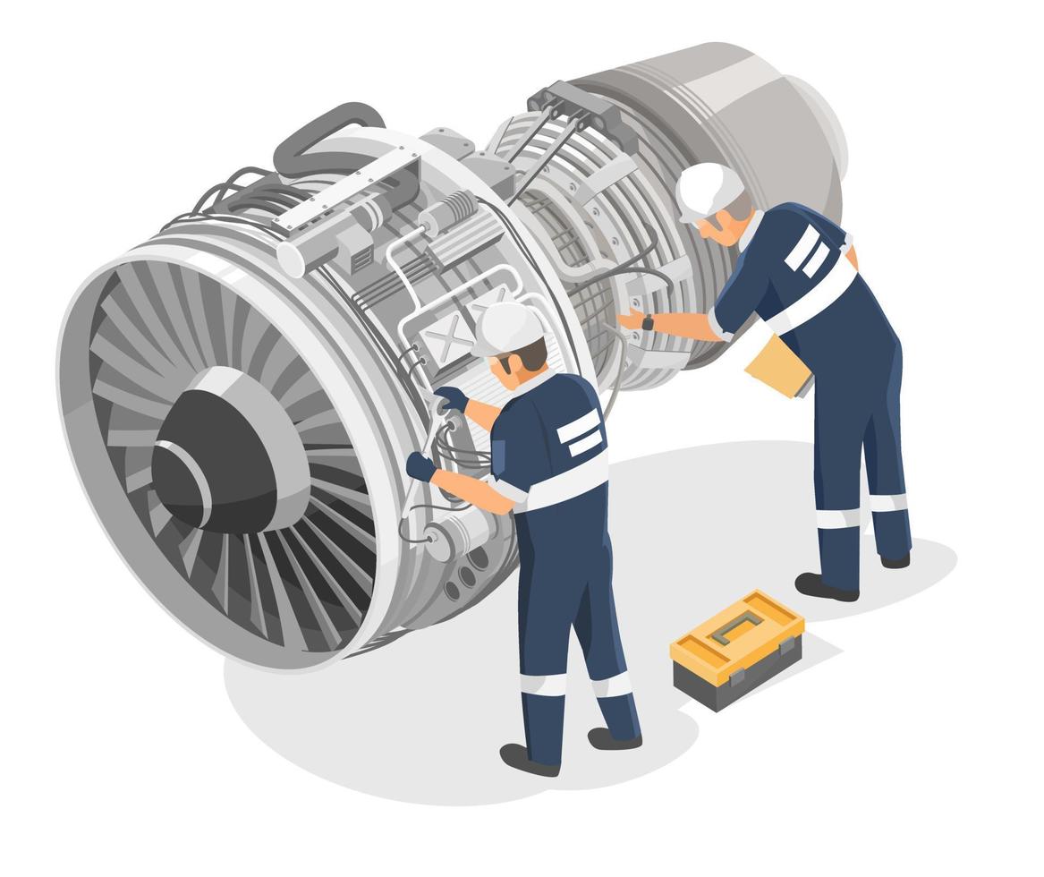 vliegtuig ingenieur Jet motor onderhoud bouwkunde technici controle onderhoud vliegtuig turbine diagram binnen voor onderhoud isometrische geïsoleerd Aan wit vector