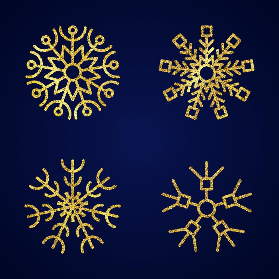 goud schitteren sneeuwvlokken. reeks van vier goud schitteren sneeuwvlokken Aan blauw achtergrond. Kerstmis en nieuw jaar decoratie elementen. vector illustratie.