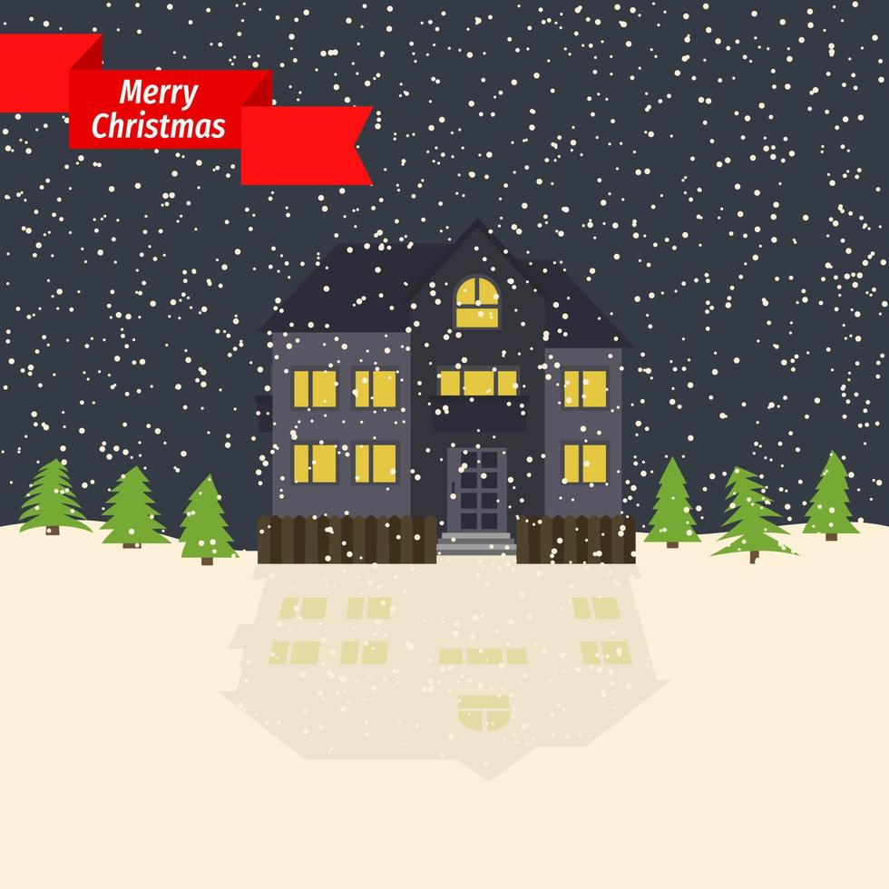 winter nacht met eenzaam huis en vallend sneeuw en een rood lint met de opschrift gelukkig kerstmis. vector illustratie.