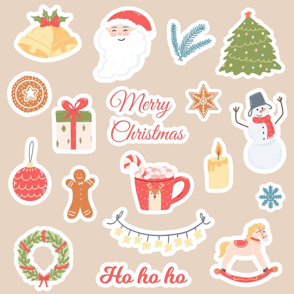 Kerstmis en nieuw jaar stickers in tekenfilm vlak stijl. hand- getrokken schattig karakters, vakantie geschenken, snoepgoed, koekjes, bloemen elementen en belettering vector