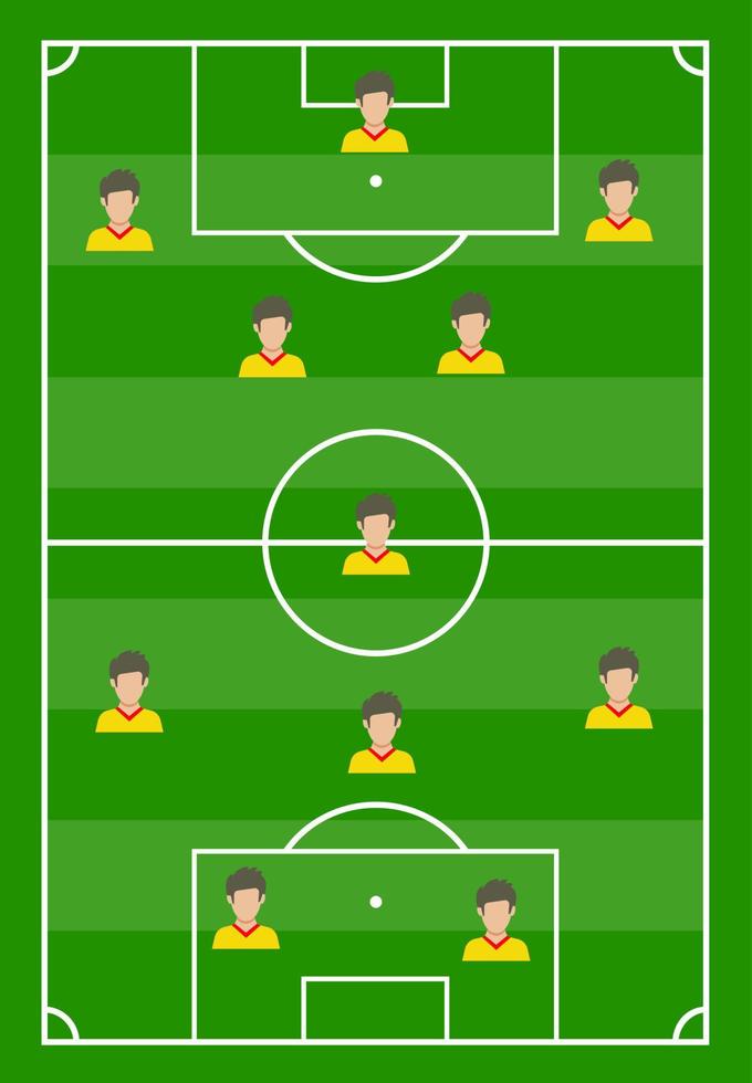 Amerikaans voetbal veld- met groen gras en met elf spelers. vector illustratie