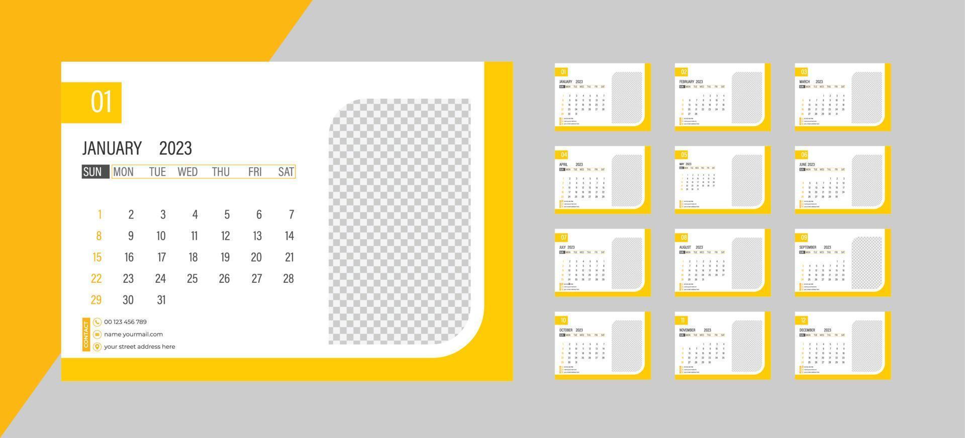 bureau maandelijks foto kalender 2023. gemakkelijk maandelijks horizontaal foto kalender lay-out voor 2023 nieuw jaar in engels. Hoes kalender en 12 maanden Sjablonen. vector