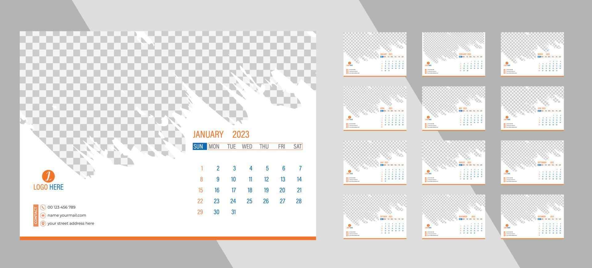 bureau maandelijks foto kalender 2023. gemakkelijk maandelijks horizontaal foto kalender lay-out voor 2023 nieuw jaar in engels. Hoes kalender en 12 maanden Sjablonen. vector