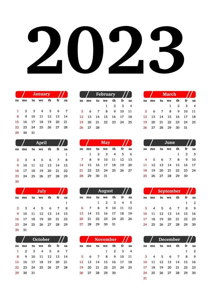 kalender voor 2023 geïsoleerd op een witte achtergrond. zondag tot maandag, zakelijke sjabloon. vector illustratie