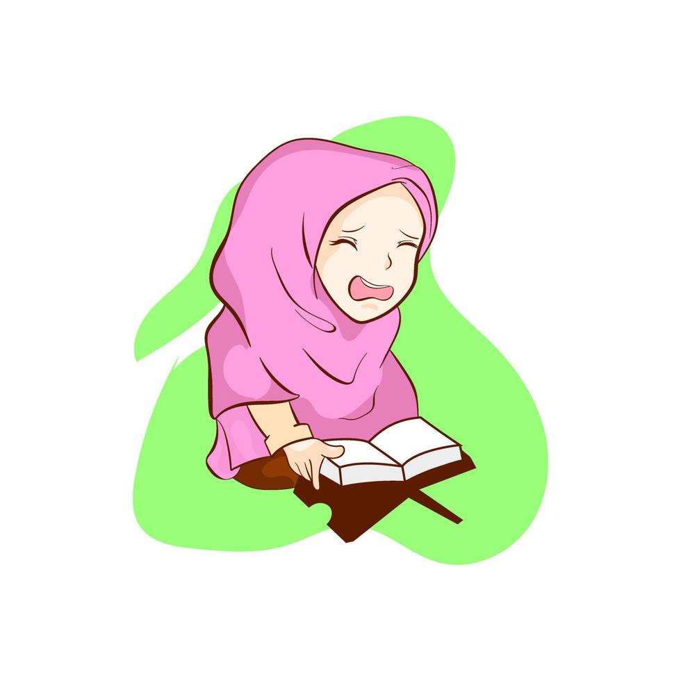 premie vector l Islam vrouw huilen wanneer ze leest al-koran. schattig vector illustratie.